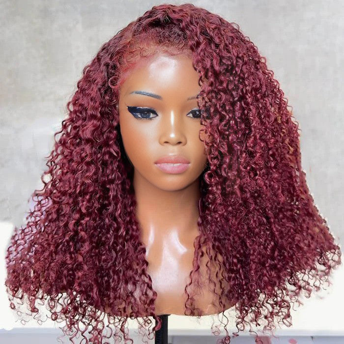Atikual 220% Density 4C Curly Edges Colored Wig 13x6 Full Lace Human Hair Glueless Wig with Curly Baby Hair