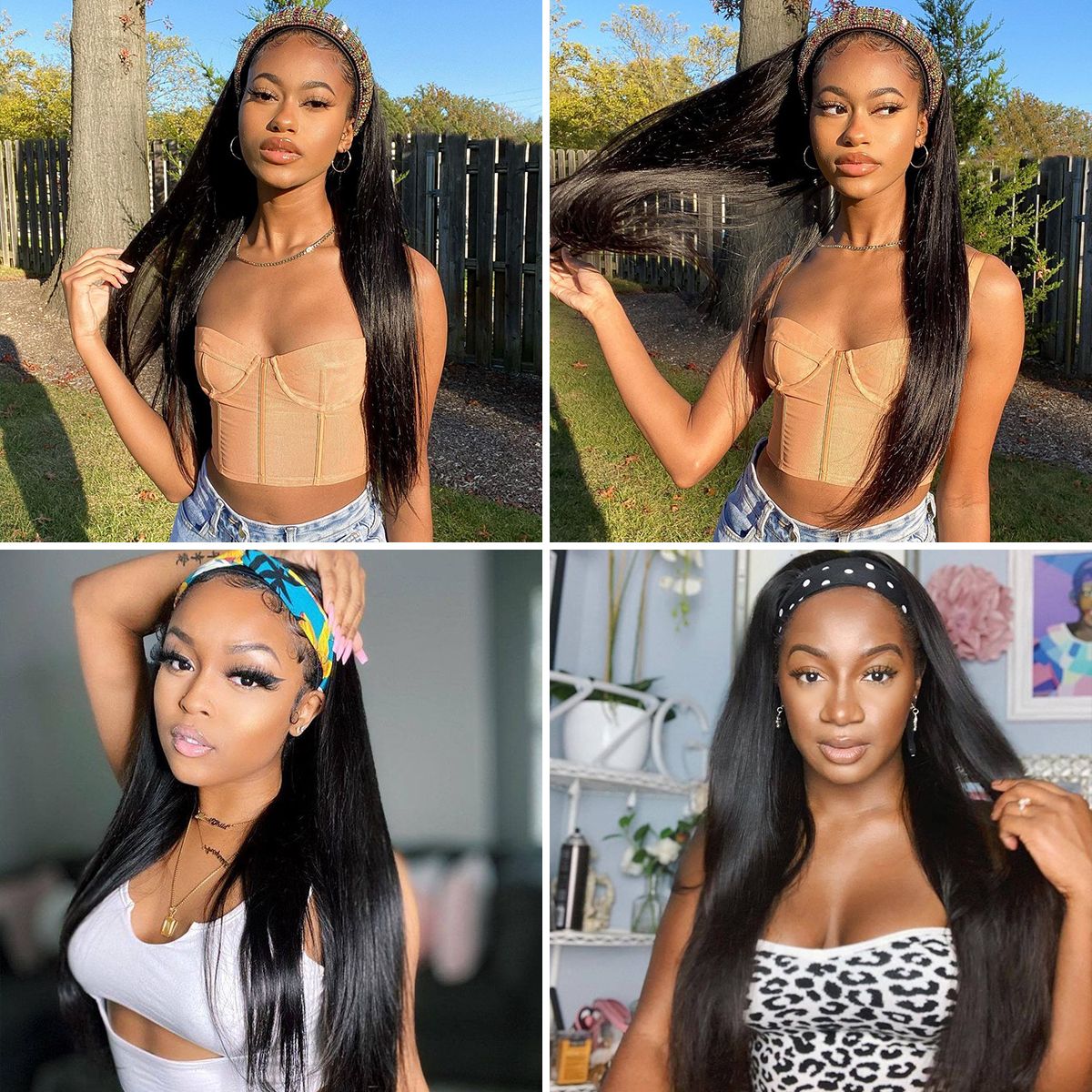 Atikual New Straight Human Hair Headband Wig 180% Density Beginner Friendly Half Wig