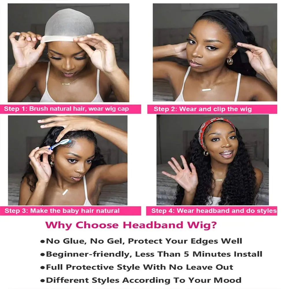 Atikual Deep Wave Headband Wig Glueless Human Hair Wigs No Glue No Gel