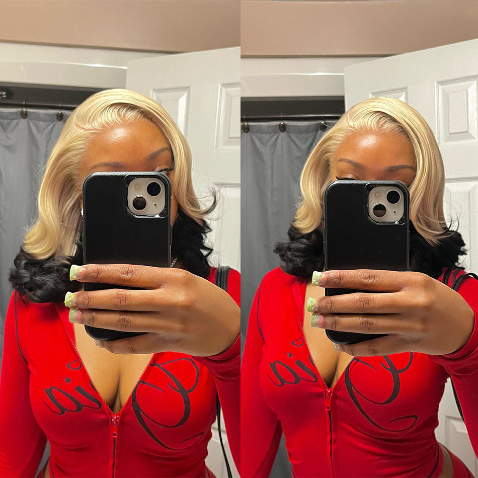 Atikual Fashion Gradient Color Ice Blonde With Black Bob Straight Virgin Hair Lace Wig Invisible Knots Hair
