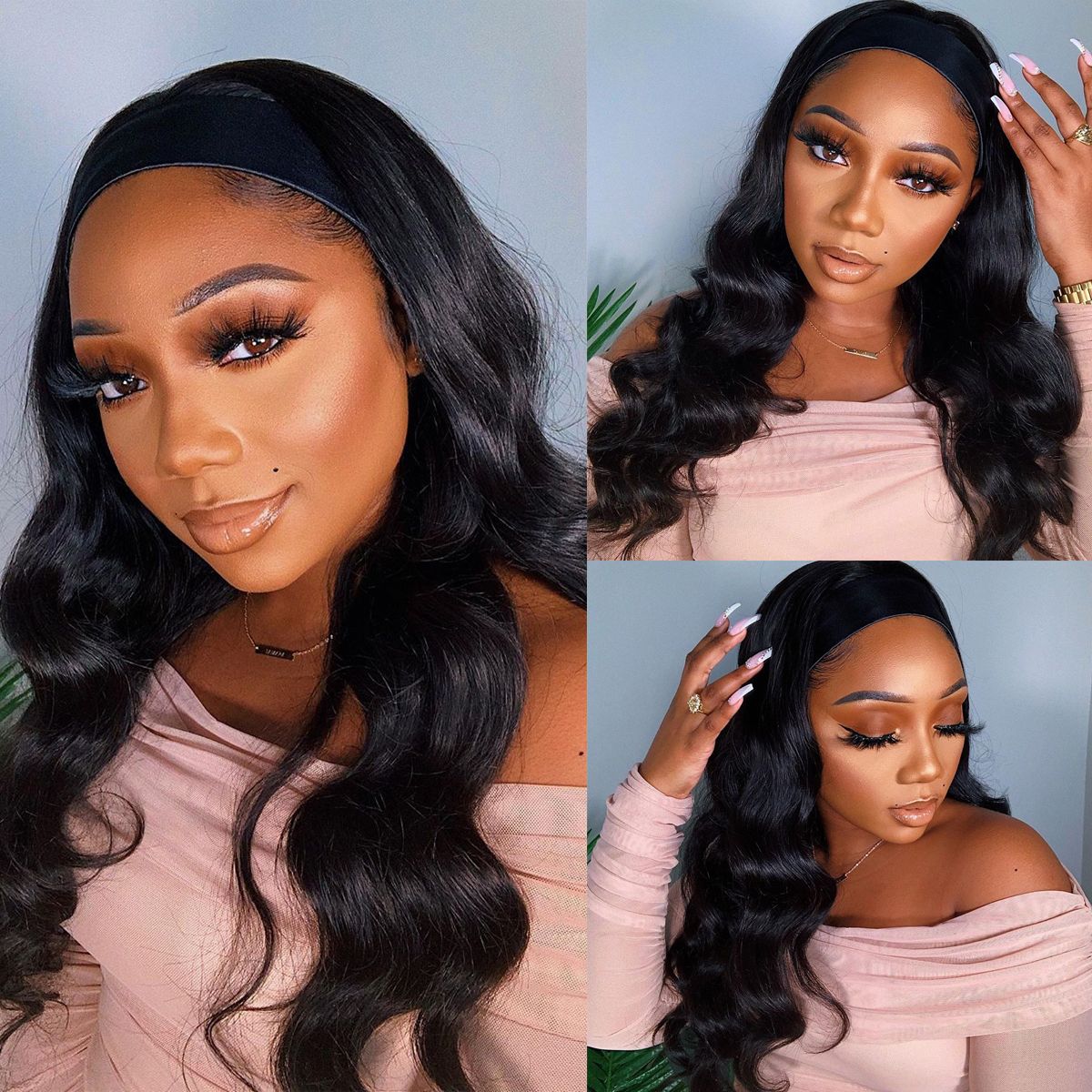 Atikual Body Wave Human Hair Headband Wigs No Glue No Gel Easy Install Half Wig