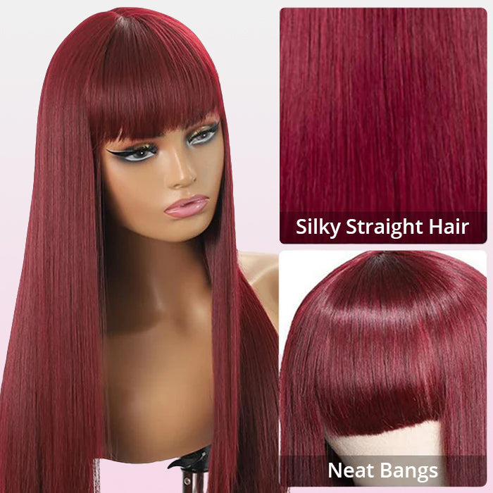 Atikual 99J Straight Wig With Bangs Silky Straight Glueless Human Hair Wig Natural Hairline