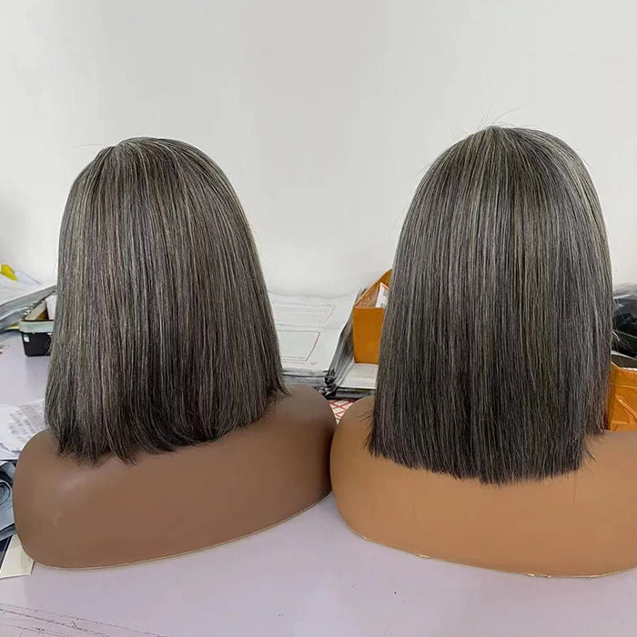 Salt and Pepper Human Hair Bob Wig Glueless Pre Cut 5x5 HD Lace Closure Wigs with Pre Plucked Hairline