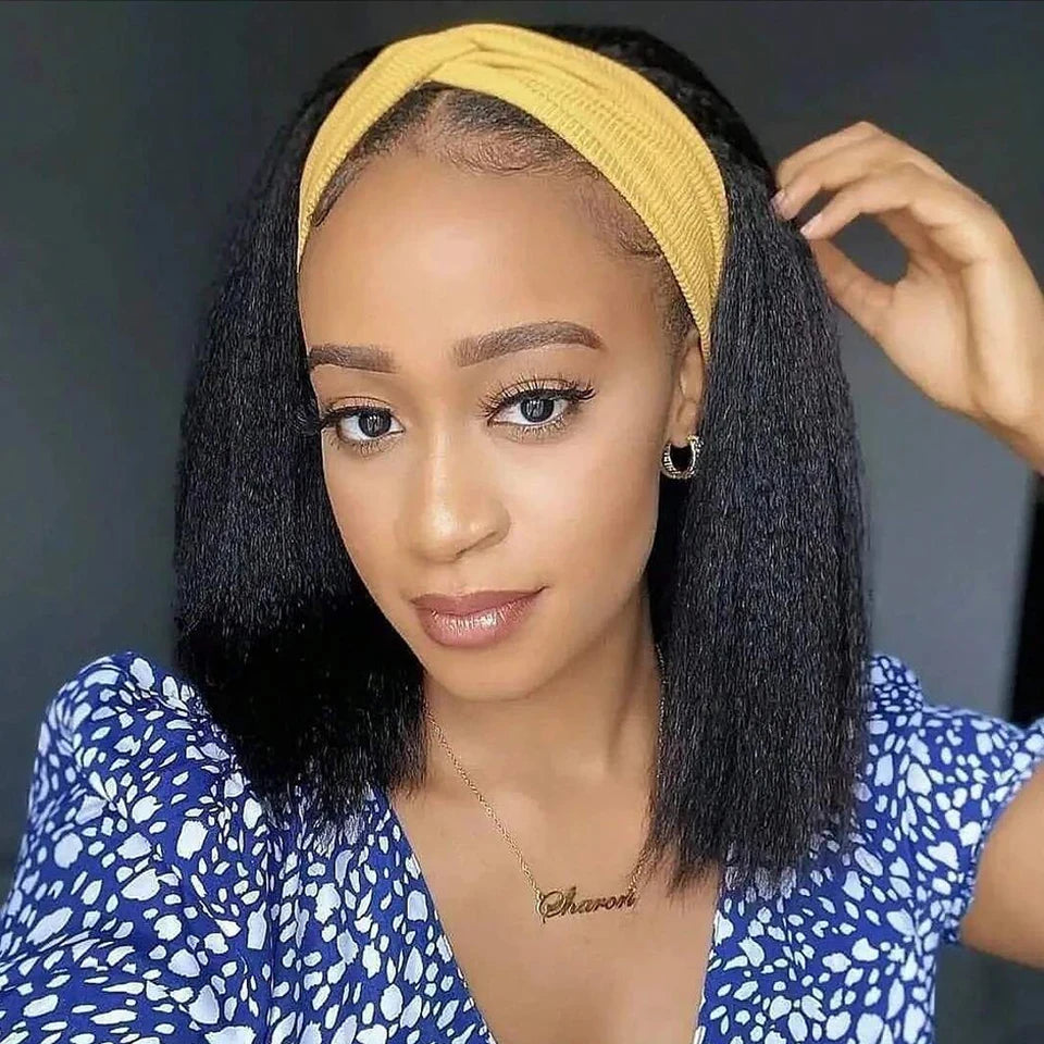 Atikual Kinky Curly Headband Wig, Shoulder Length Natural Look Wig