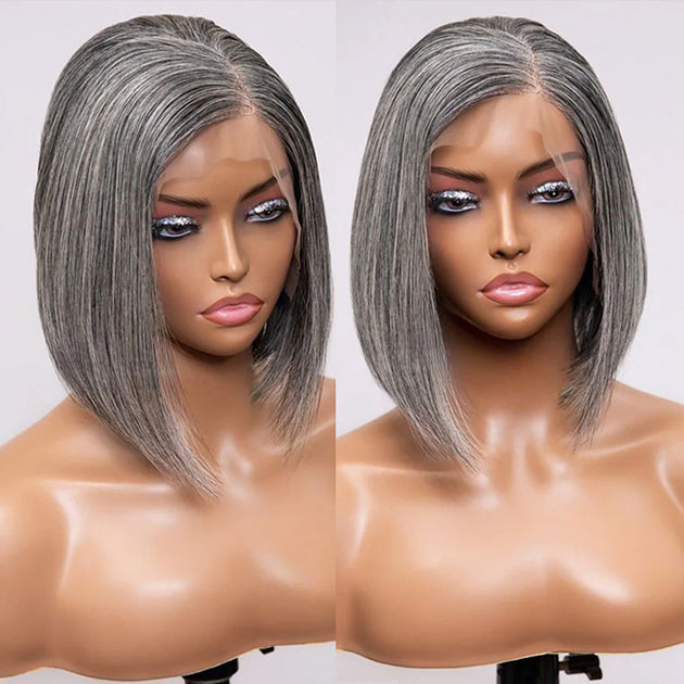 Salt and Pepper Human Hair Bob Wig Glueless Pre Cut 5x5 HD Lace Closure Wigs with Pre Plucked Hairline