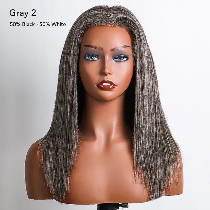 Salt and Pepper Gray Color Put On and Go Glueless Straight 5x5 Pre-Cut HD Lace Human Hair Wigs