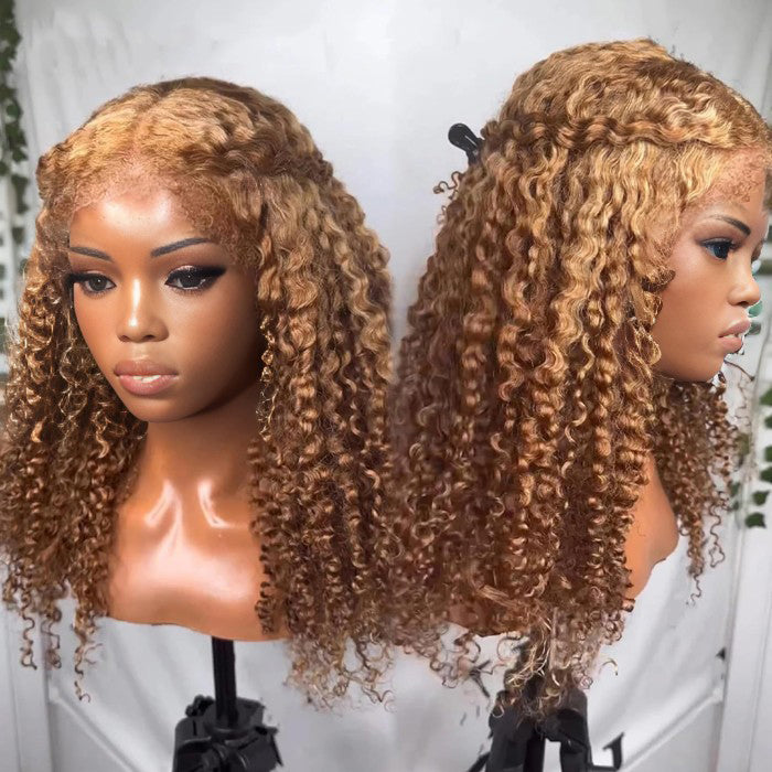 Atikual 220% Density 4C Curly Edges Colored Wig 13x6 Full Lace Human Hair Glueless Wig with Curly Baby Hair