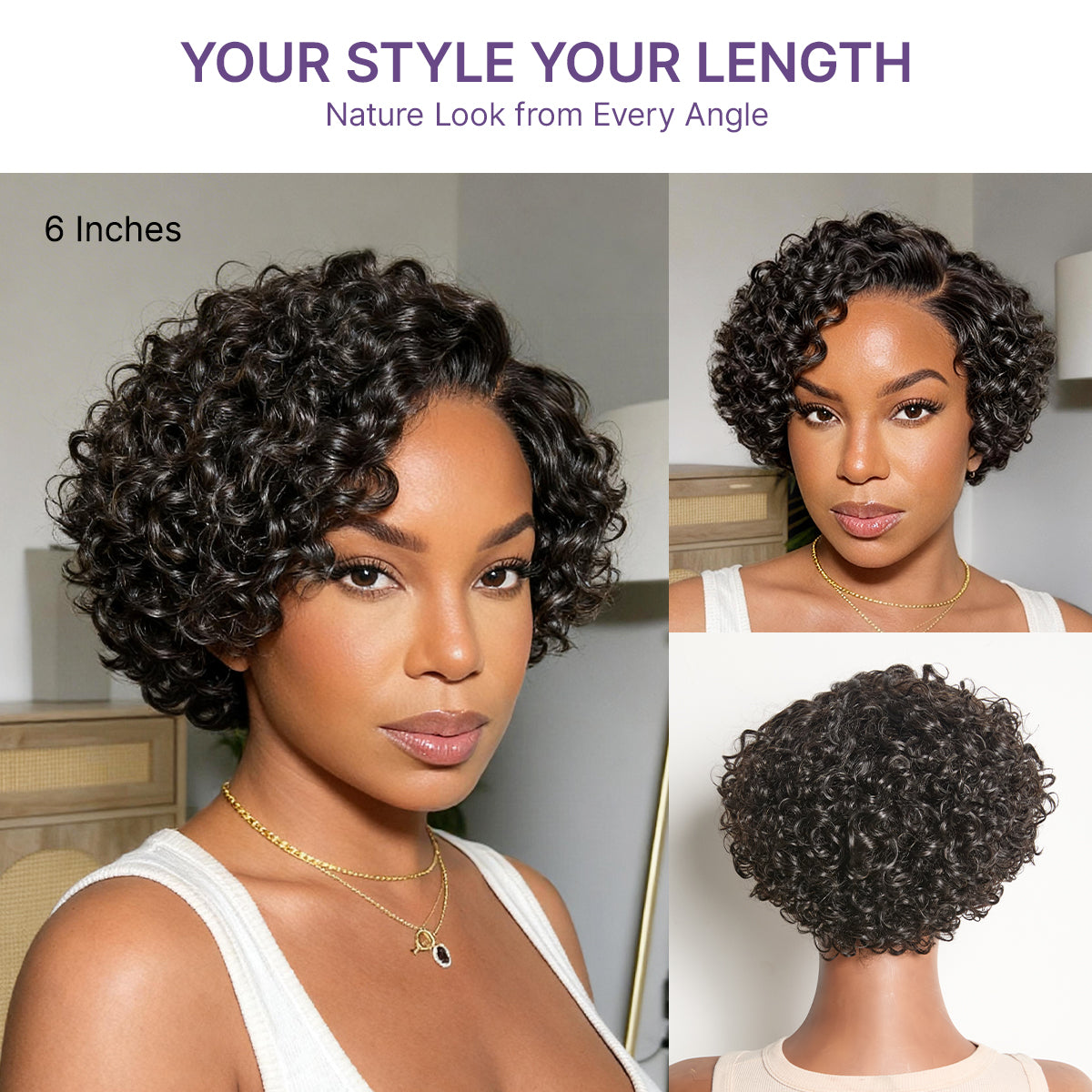 Atikual Natural Black / Brown Highlight Water Wave Pixie Cut Glueless Minimalist HD Lace Short Curly Wig