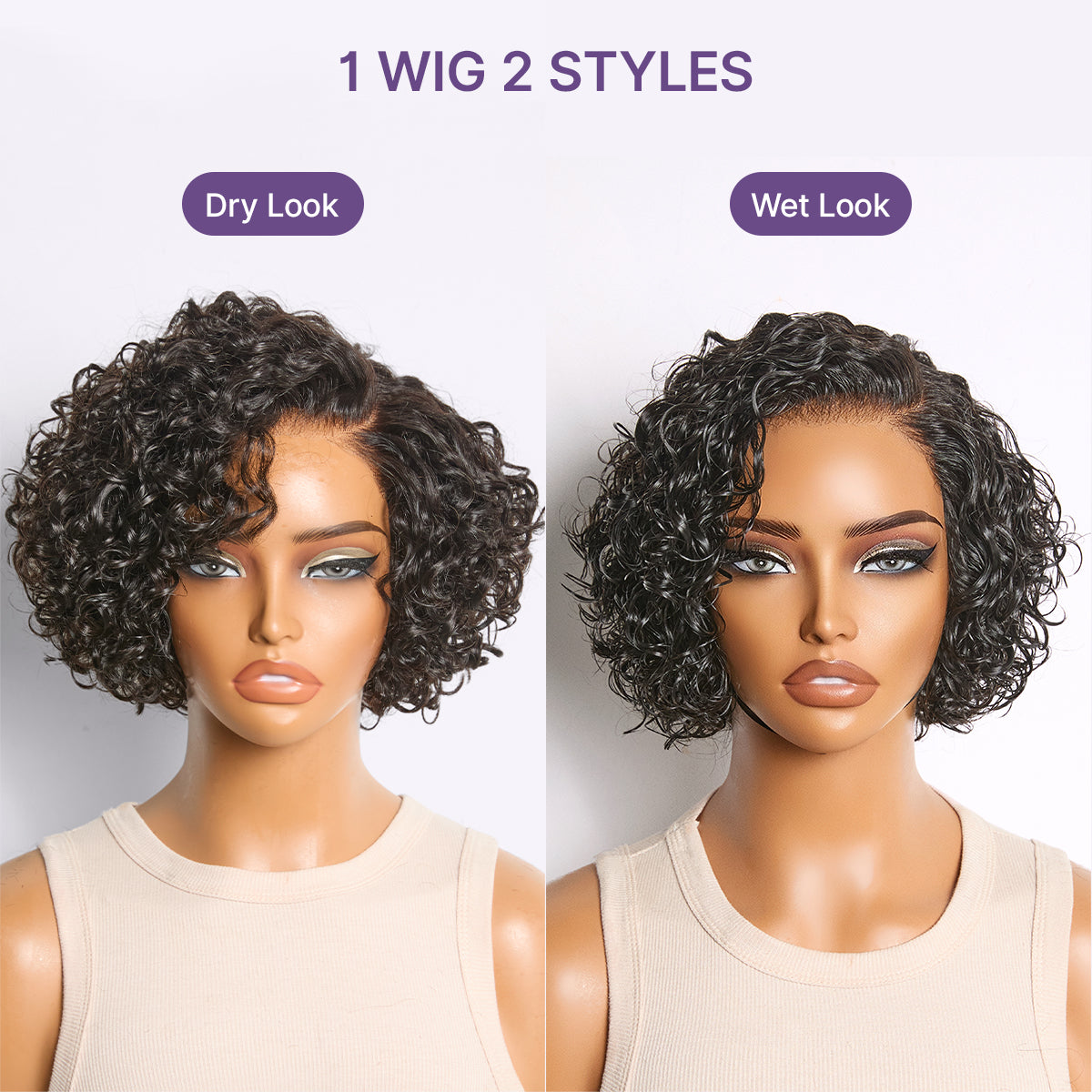 Atikual Natural Black / Brown Highlight Water Wave Pixie Cut Glueless Minimalist HD Lace Short Curly Wig