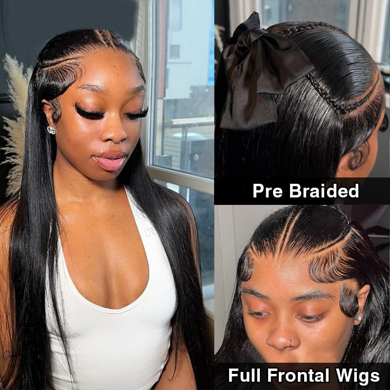 Atikual Pre Braided Wig Straight Glueless 13x6 HD Lace Front Wigs Human Hair Bleached Knots