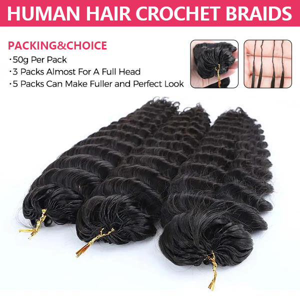 Atikual Deep Wave Soft Seamless Crochet Hair Natural Black Human Hair Extension for Black Women Hair