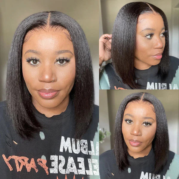 Atikual Wear Go Glueless Wigs Pre Cut Lace Kinky Straight 7x5 HD Lace Closure Bob Wigs 100% Human Hair