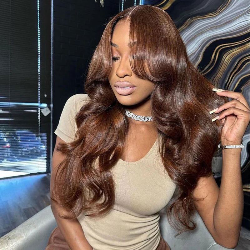 Atikual Chocolate Brown Color Face-Framing Layered Cut Body Wave Glueless Wig 7X5 Pre Cut Lace Wear Go Human Hair Wigs