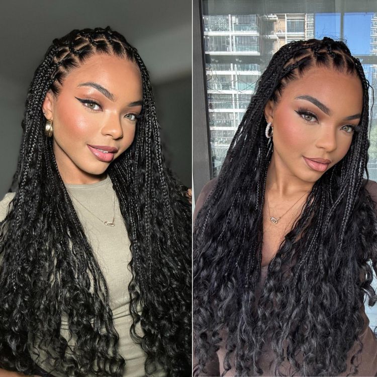 Atikual Water Wave Glueless Boho Braids Lace Wig Human Hair with Invisi Drawstring Cap Pre-Cut Lace Wigs