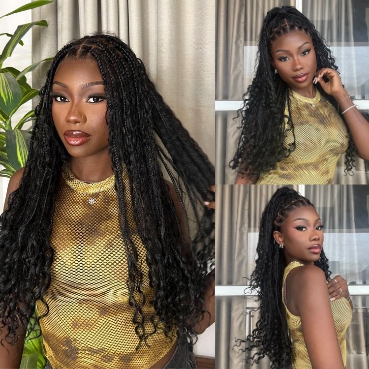 Atikual Water Wave Glueless Boho Braids Lace Wig Human Hair with Invisi Drawstring Cap Pre-Cut Lace Wigs