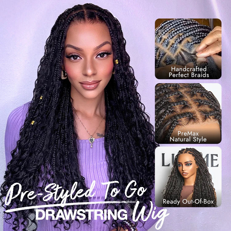 Atikual Water Wave Glueless Boho Braids Lace Wig Human Hair with Invisi Drawstring Cap Pre-Cut Lace Wigs