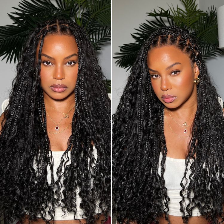 Atikual Water Wave Glueless Boho Braids Lace Wig Human Hair with Invisi Drawstring Cap Pre-Cut Lace Wigs