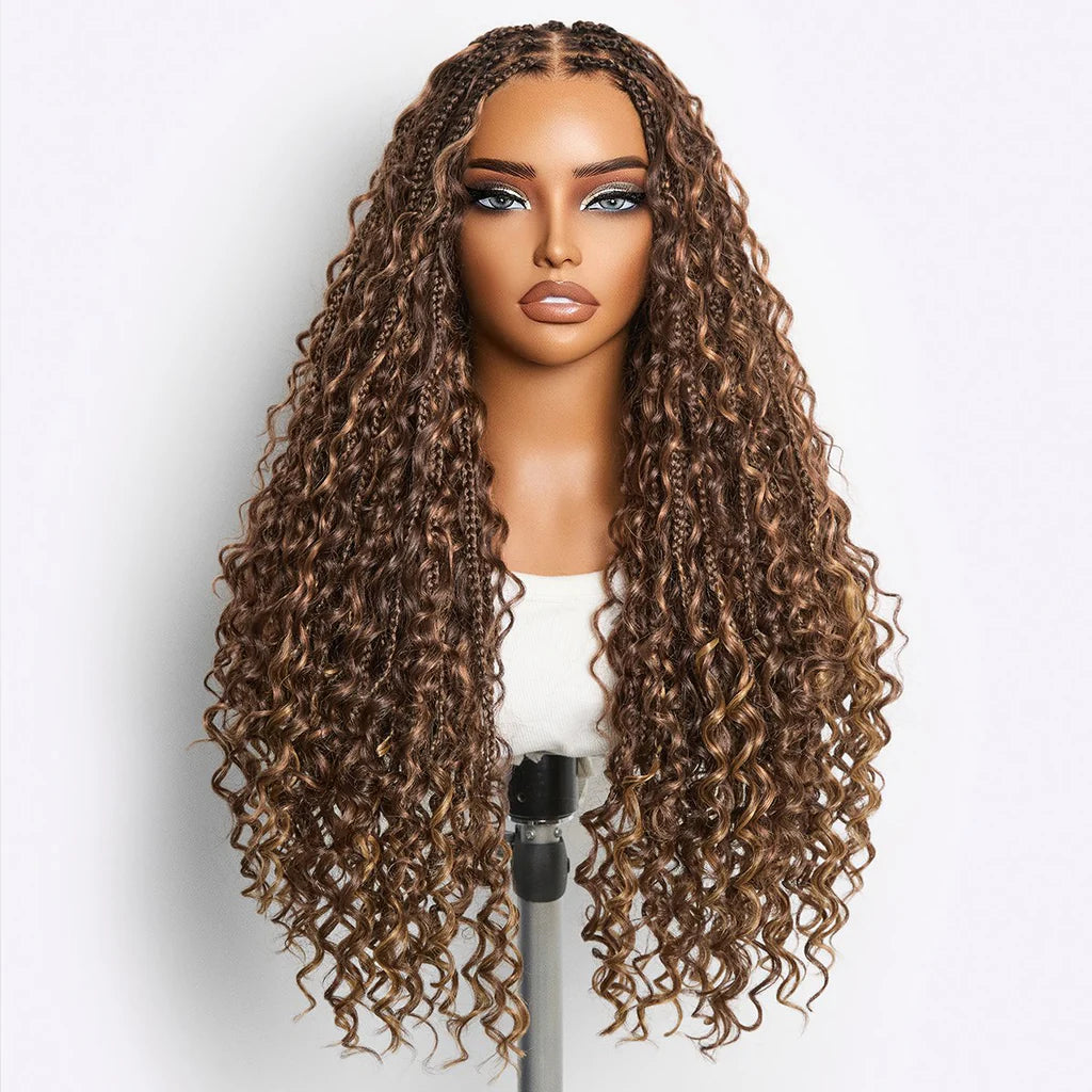 Atikual Mix Blonde Knotless Boho Curls Braided Long Drawstring 13x6 Frontal Pre Cut HD Lace Glueless Human Hair Wig