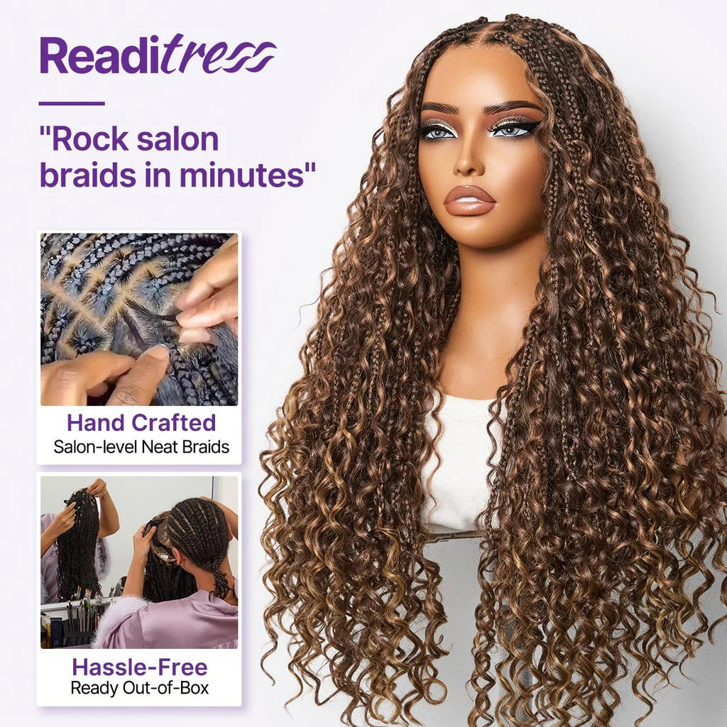 Atikual Mix Blonde Knotless Boho Curls Braided Long Drawstring 13x6 Frontal Pre Cut HD Lace Glueless Human Hair Wig