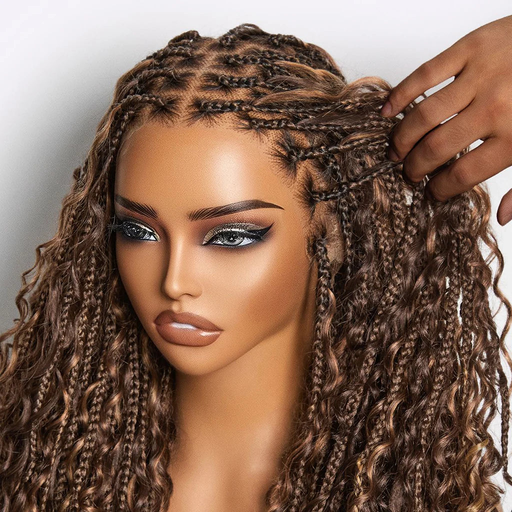 Atikual Mix Blonde Knotless Boho Curls Braided Long Drawstring 13x6 Frontal Pre Cut HD Lace Glueless Human Hair Wig