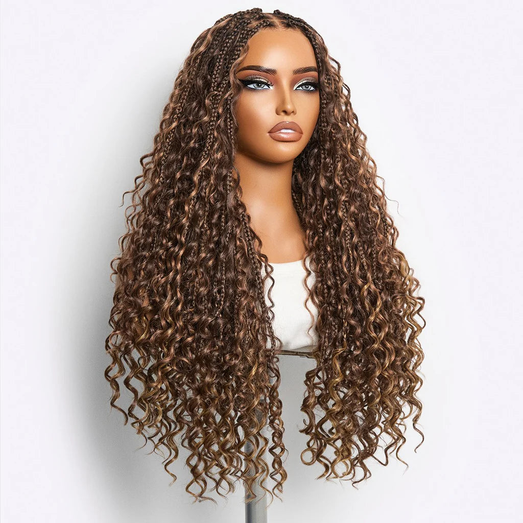 Atikual Mix Blonde Knotless Boho Curls Braided Long Drawstring 13x6 Frontal Pre Cut HD Lace Glueless Human Hair Wig