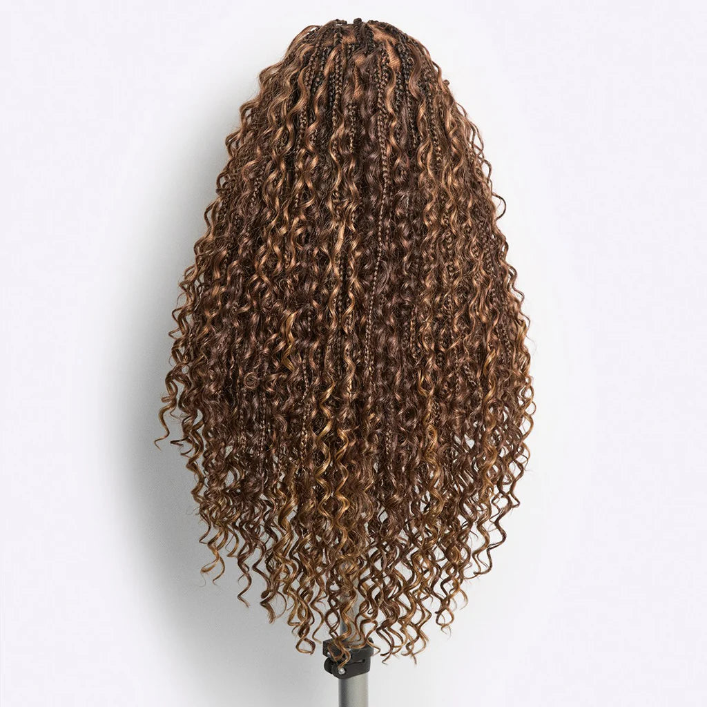 Atikual Mix Blonde Knotless Boho Curls Braided Long Drawstring 13x6 Frontal Pre Cut HD Lace Glueless Human Hair Wig