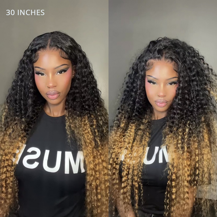 Atikual Ombre Honey Blonde Water Wave Wigs Pre Everything Transparent Lace Front Wig 100% Human Hair For Women