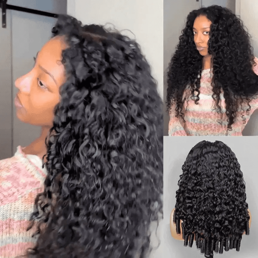 Atikual V Part Burmese Curly Invisi Strap New In Hand Tied 250% Density Wig Human Hair No Leave Out Glueless Wig With Elastic Drawstrings Beginner Friendly