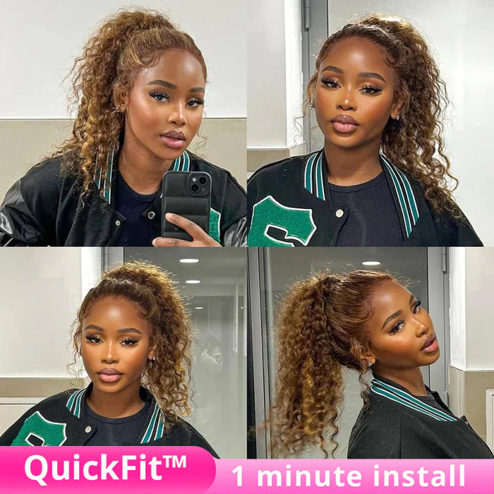 Atikual Highlight Brown Water Wave 360 Wear Go Wig Invisi Drawstrings Pre-Cut Lace Invisi Strap Glueless Wigs Human Hair