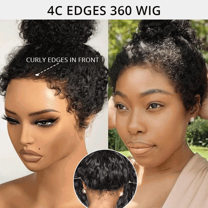 Atikual 4C Curly Edges Hairline Invisi Strap 360 Lace Front Glueless Lace Wig Kinky Curly Human Hair Wig With Super Natural Hairline