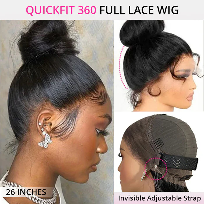 Atikual Pre Cut 360 Glueless Lace Wigs Silky Straight Invisi Strap Drawstring 360 Lace Front Human Hair Wigs