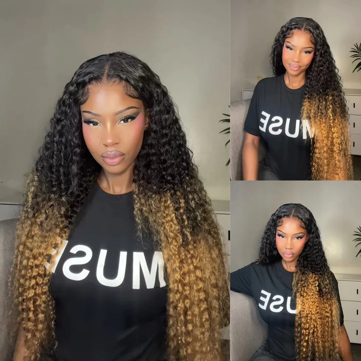 Atikual Ombre Honey Blonde Water Wave Wigs Pre Everything Transparent Lace Front Wig 100% Human Hair For Women