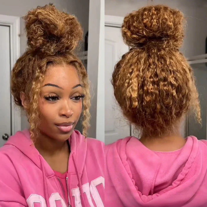 Atikual Highlight Brown Water Wave 360 Wear Go Wig Invisi Drawstrings Pre-Cut Lace Invisi Strap Glueless Wigs Human Hair