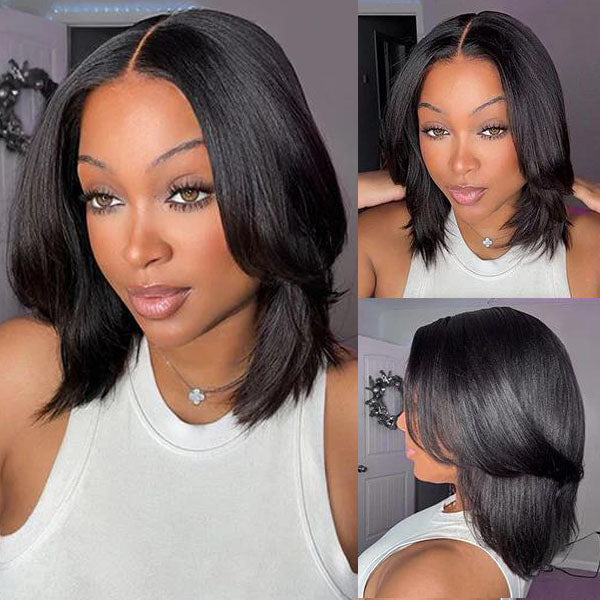 Atikual Glueless Layered Cut Yaki Straight Wear Go Wig 9x6 Pre-Cut T Part Lace Bob Wig Human Hair With Elastic Drawstring