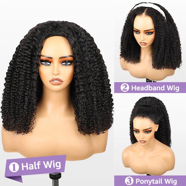 Atikual 3 In 1 Half Wig | Kinky Curly Glueless Wear Go Half Wig Human Hair Invisible Hairline Protective Style