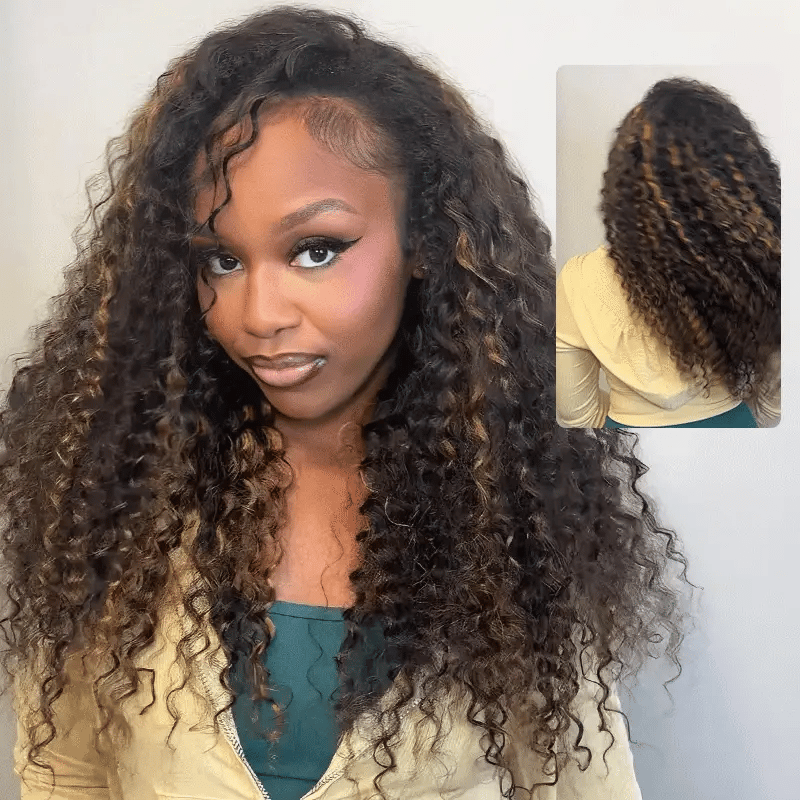 Atikual Wear Go Half Wig 1B/30 Highlight Kinky Curly Half Wig InvisiFit Strap Flip Over Wig Human Hair