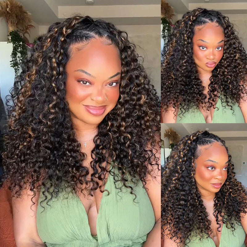 Atikual Wear Go Half Wig 1B/30 Highlight Kinky Curly Half Wig InvisiFit Strap Flip Over Wig Human Hair