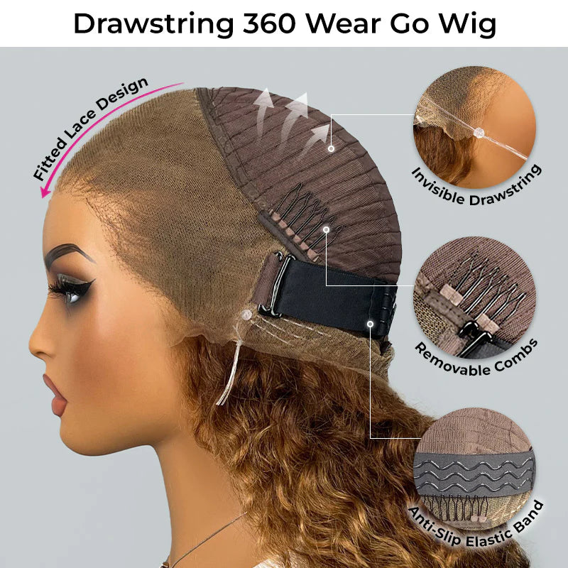 Atikual Highlight Brown Water Wave 360 Wear Go Wig Invisi Drawstrings Pre-Cut Lace Invisi Strap Glueless Wigs Human Hair