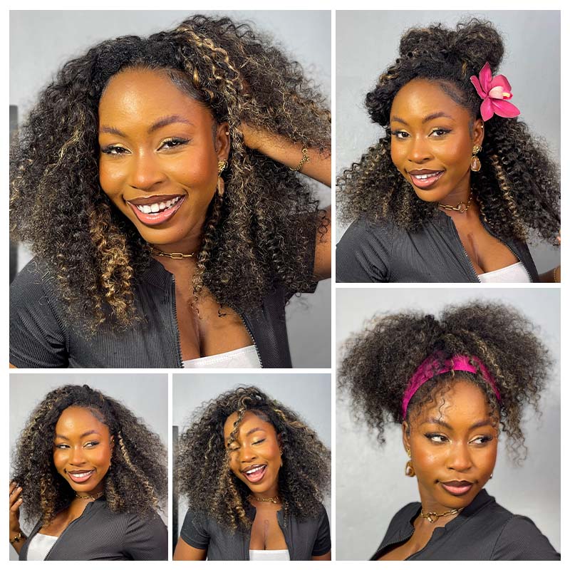 Atikual Wear Go Half Wig 1B/27 Highlight Kinky Curly Half Wig InvisiFit Strap Flip Over Wig Human Hair