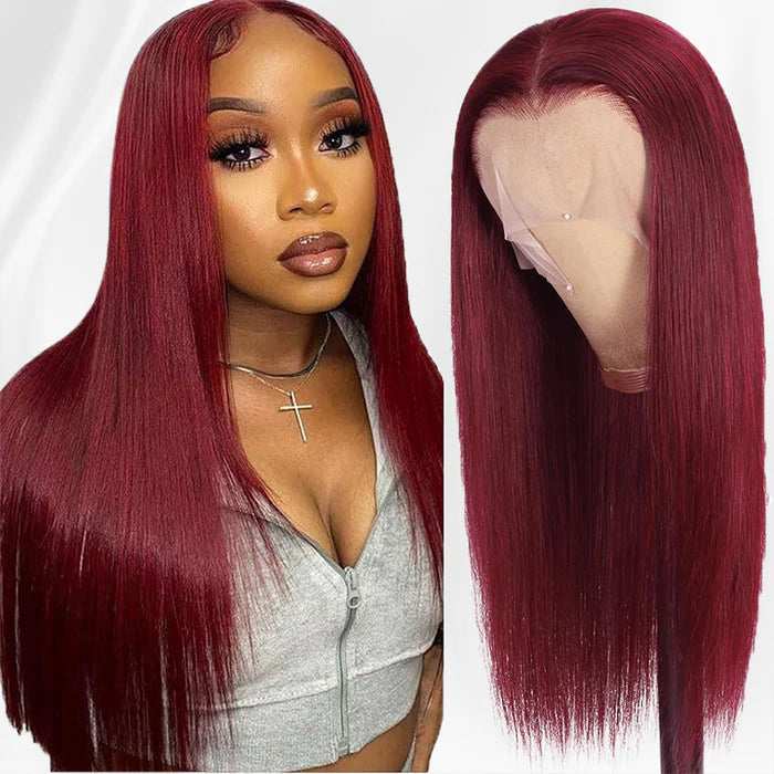 Atikual 99J Burgundy Color Wig Bone Straight Red Color 13*4 13*6 Lace Front Human Hair Wigs for Women