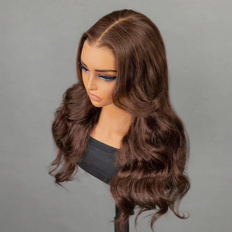 Atikual Chocolate Brown Color Face-Framing Layered Cut Body Wave Glueless Wig 7X5 Pre Cut Lace Wear Go Human Hair Wigs