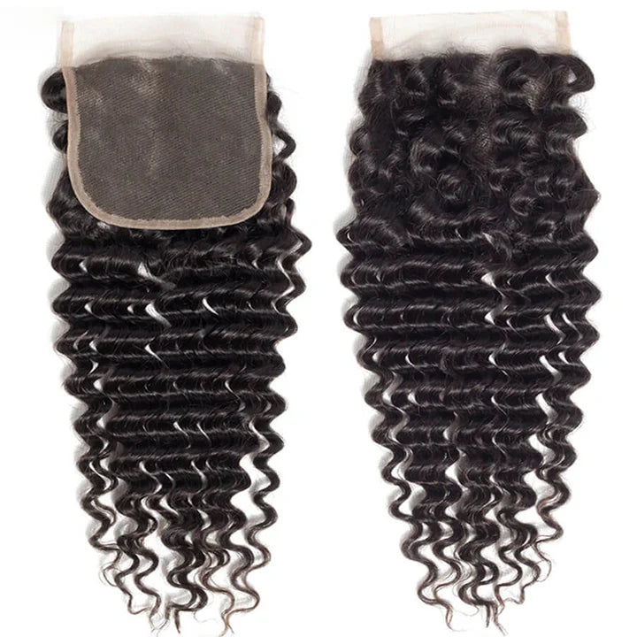 Atikual 4x4 HD Transparent Lace Closure Deep Wave Human Hair Closure Natural Black Hair Top Swiss Lace