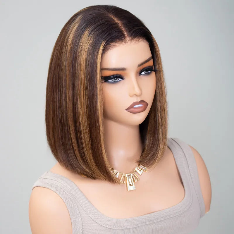 Atikual Highlight Glueless Straight Bob Wig Human Hair 6¡Á5 Pre Cut Lace Wig Bleached Knots
