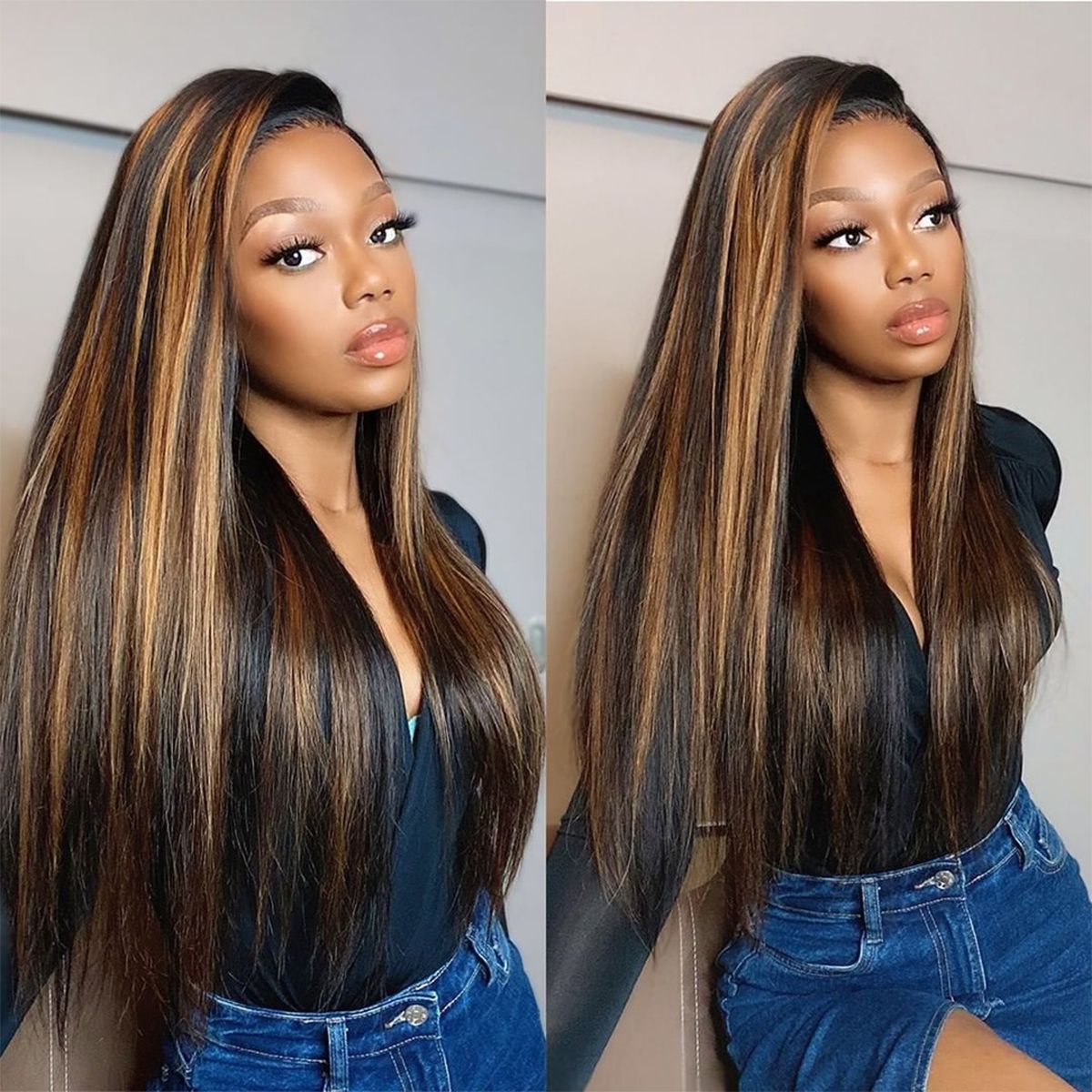 Atikual Honey Brown Highlight Straight Glueless Wig Human Hair 7X5 13X4 Lace Front Wigs With Invisible Drawstring 180% Density
