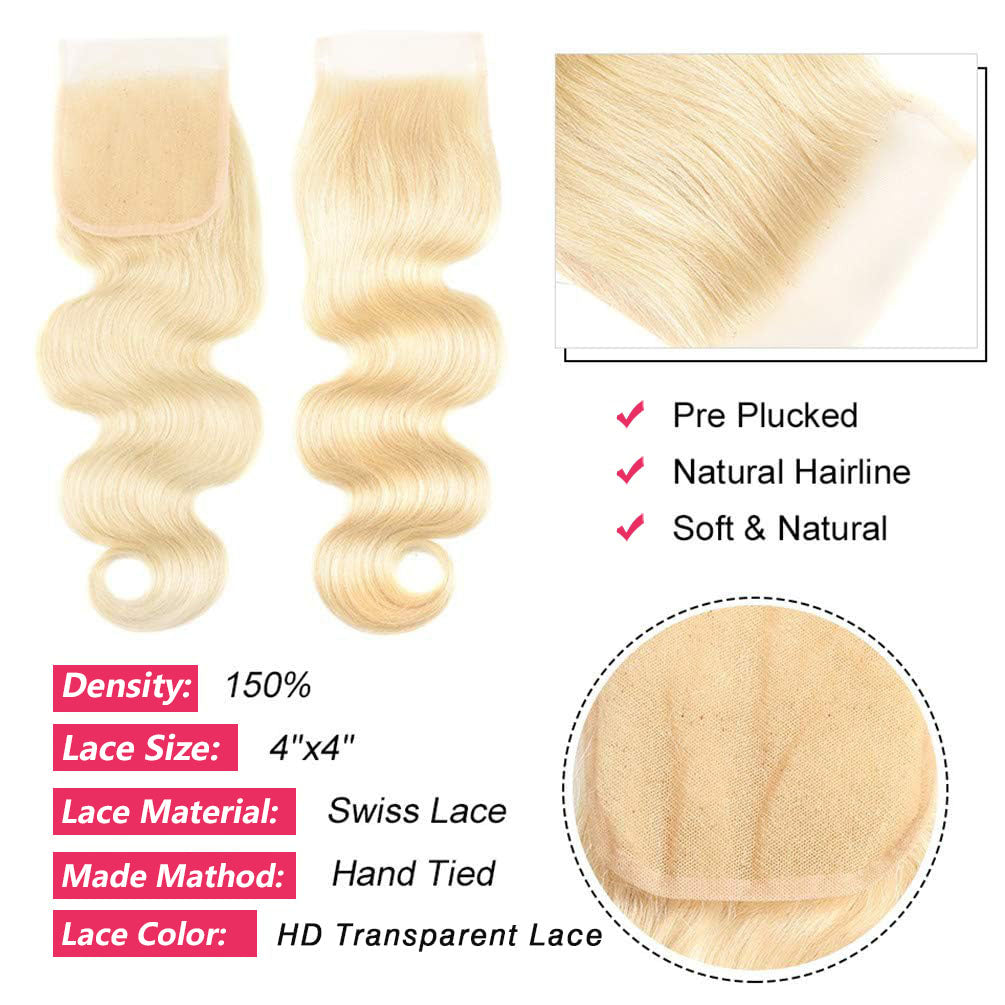 Atikual hair Brazilian blonde bundle hair with closure 613 blonde body wave 3 bundles with 4x4 lace closure Human Hair