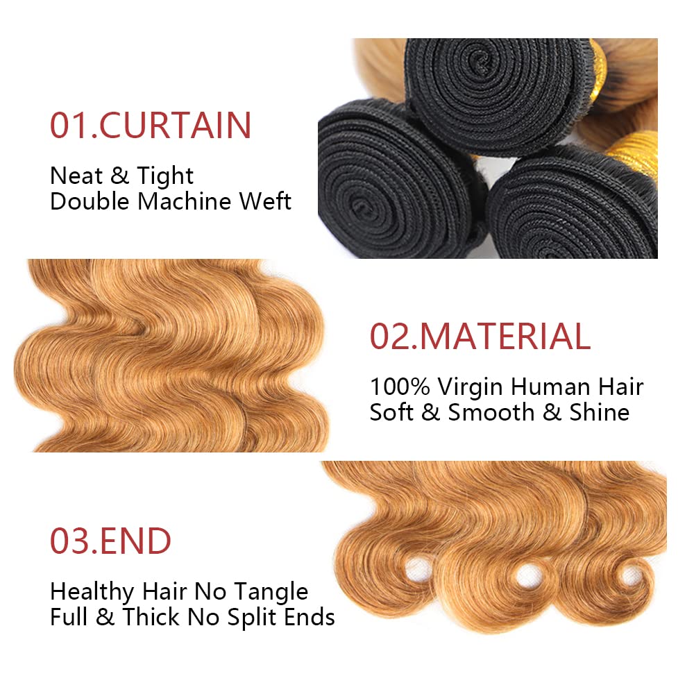 Atikual 1b/27 Human Hair Bundles Ombre Blonde Body Wave Bundle Brazilian Virgin Remy Hair 3 Bundles Double Weft Hair Weave