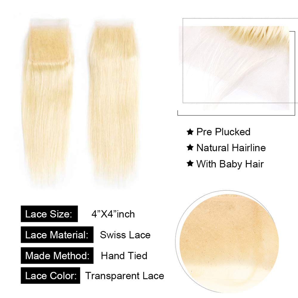 Atikual hair Brazilian Blonde Bundle Hair with Closure 613 blonde Straight 3 bundles with 4x4 lace closure