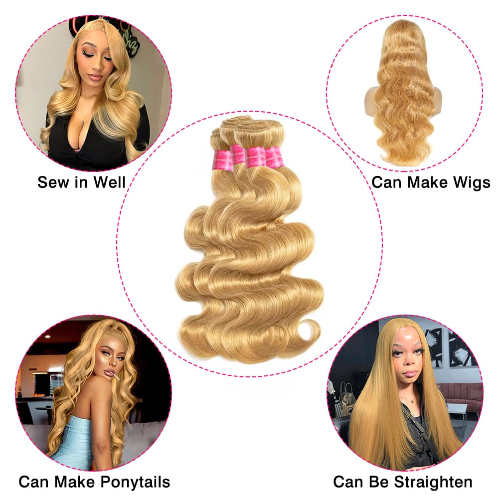 Atikual Brazilian Body Wave Virgin Hair #27 Honey Blonde Colored Human Hair Bundles 4 Bundles For Black Women