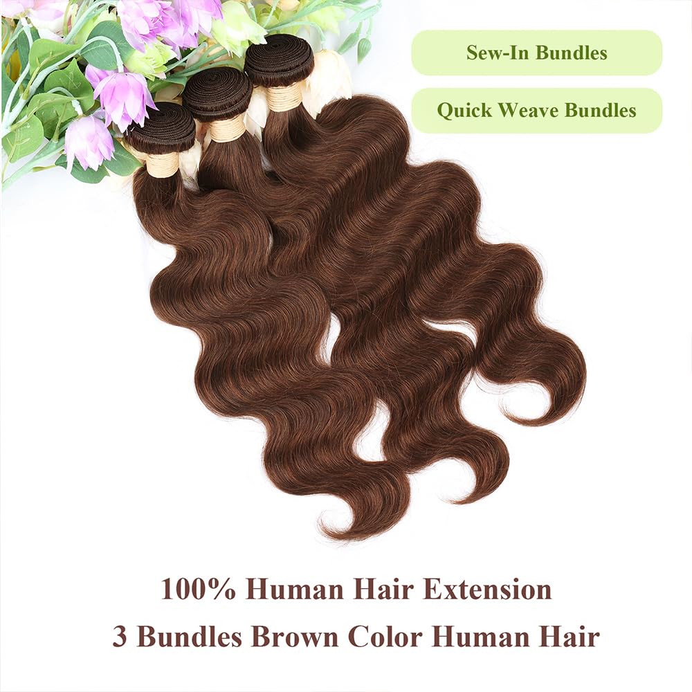 Atikual 4# Chocolate Brown Body Wave Bundles 3Pcs 100% Unprocessed Brazilian Human Hair Extensions