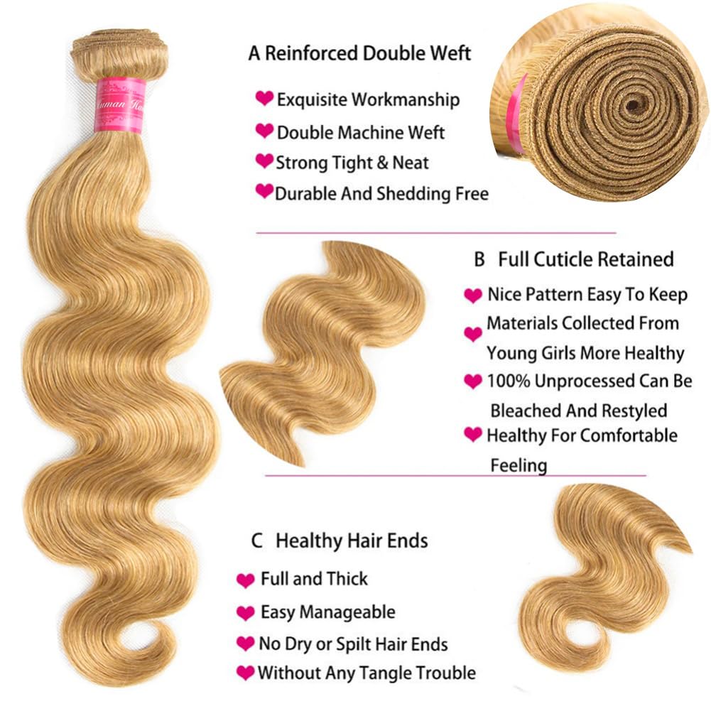 Atikual Brazilian Body Wave Virgin Hair #27 Honey Blonde Colored Human Hair Bundles 4 Bundles For Black Women